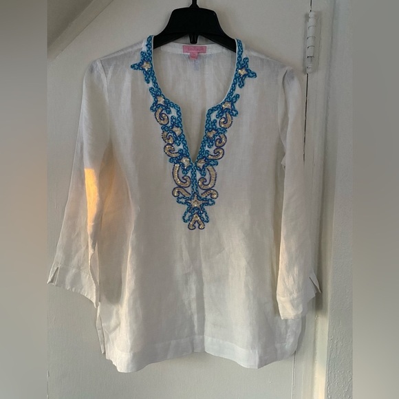 Lilly Pulitzer Amelia Island Embroidered Linen Tunic Top White Size Small - Picture 5 of 10